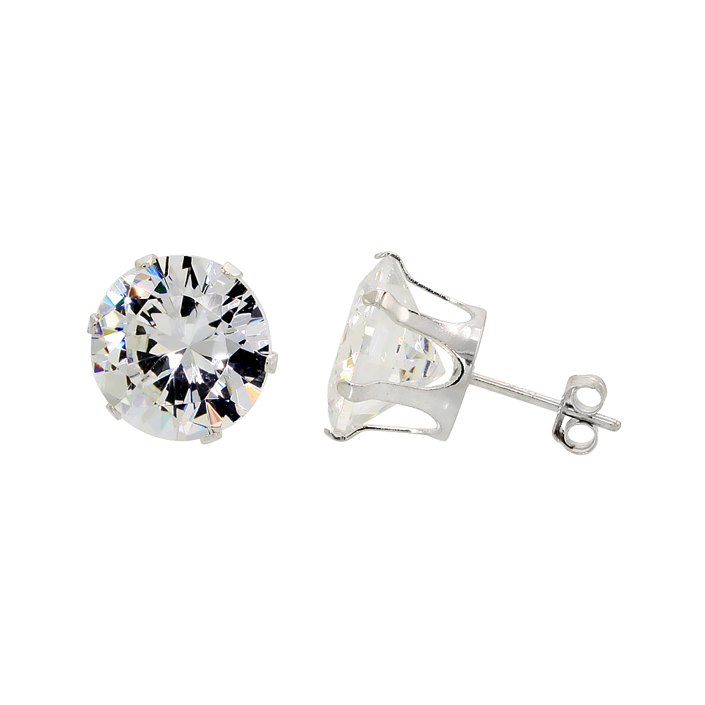Sterling Silver Cubic Zirconia Earrings Studs 11 mm 4 prong 10 carat/pair