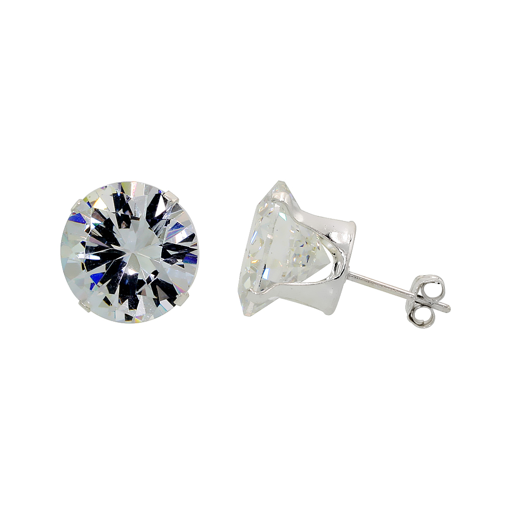 Sterling Silver Cubic Zirconia Earrings Studs 12 mm 4 prong 14 carat/pair