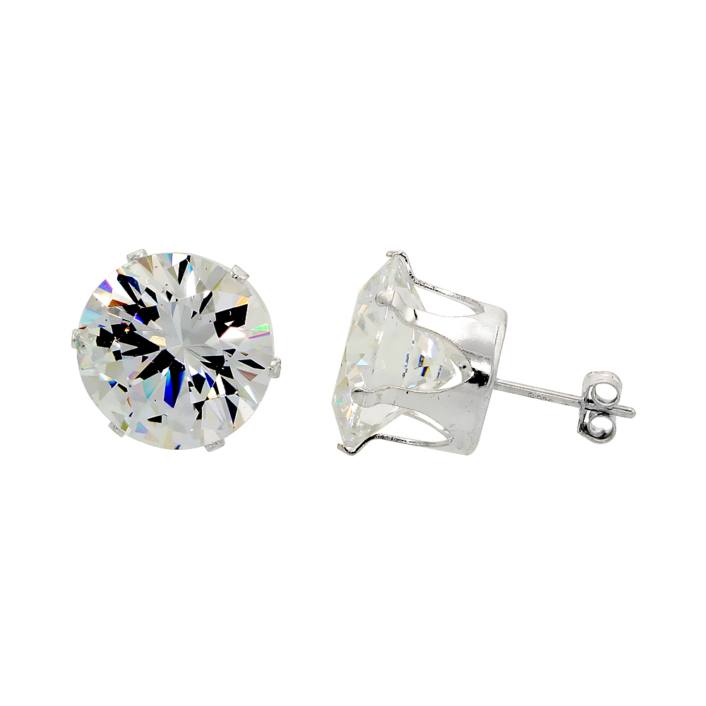 STERLING SILVER CUBIC ZIRCONIA EARRINGS STUDS 13 MM 4 PRONG 17 CARAT/PAIR