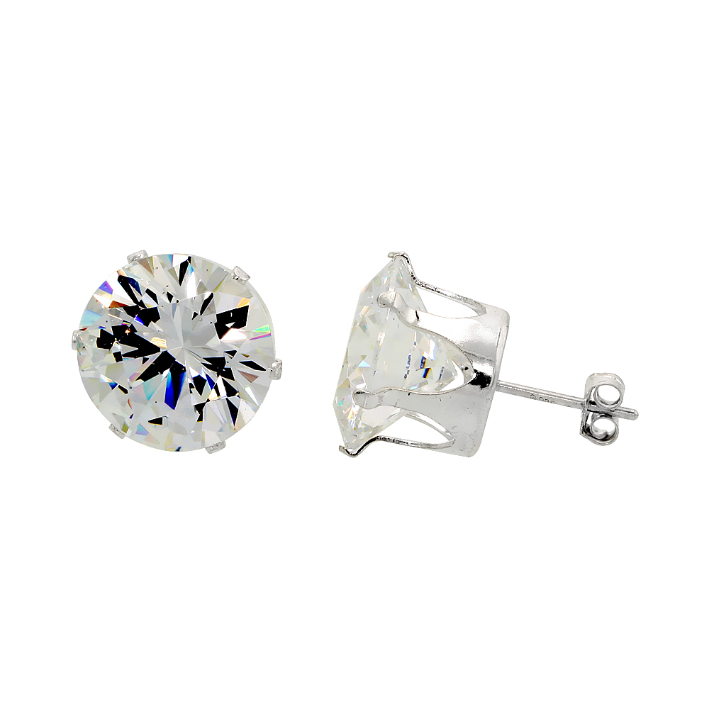Sterling Silver Cubic Zirconia Earrings Studs 13 mm 4 prong 17 carat/pair