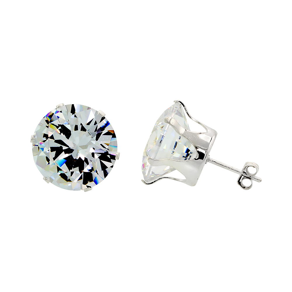 Sterling Silver Cubic Zirconia Earrings Studs 14 mm 4 prong 21 carat/pair