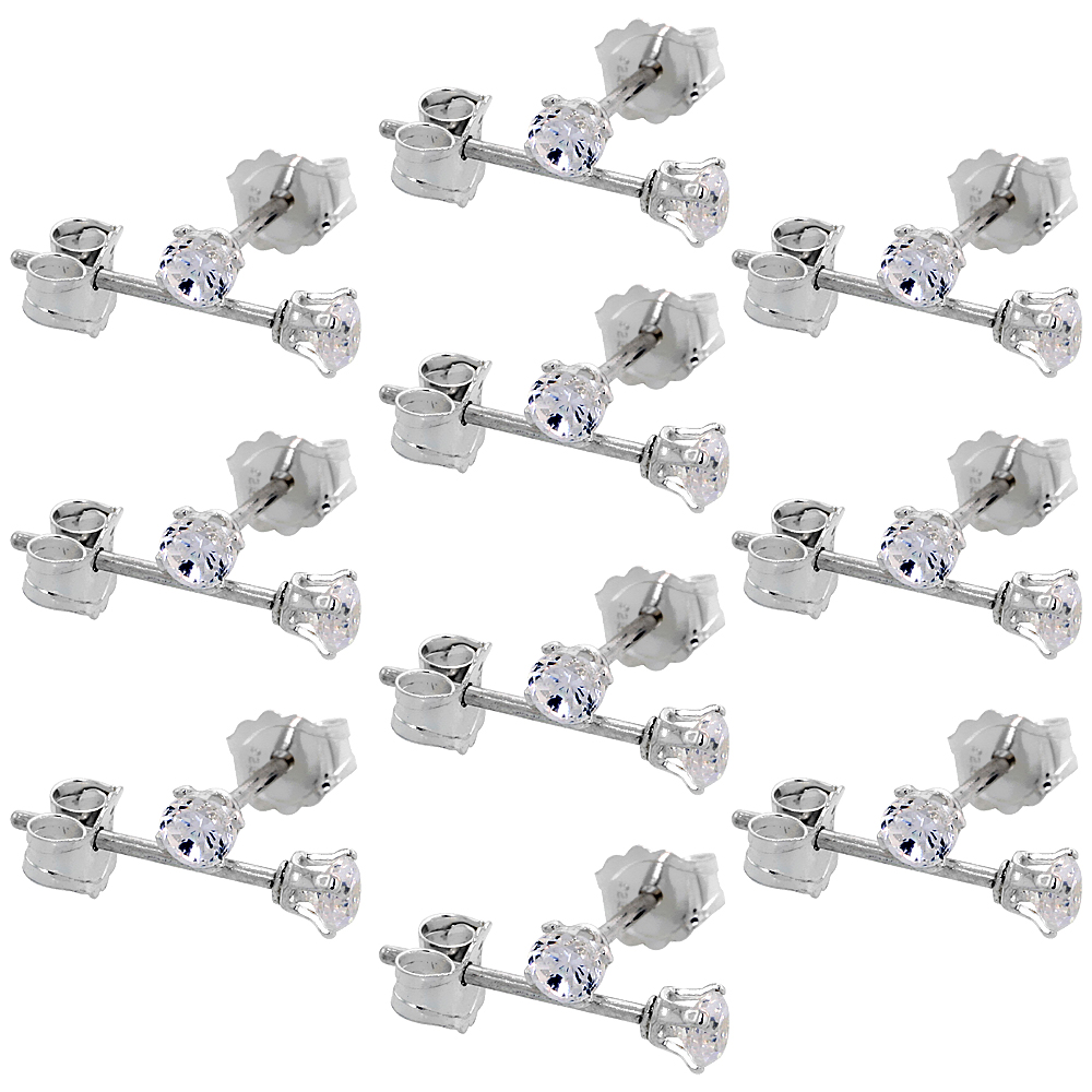 10 PAIR SET STERLING SILVER TINY CUBIC ZIRCONIA EARRINGS STUDS 2.5 MM 4 PRONG 1/10 CARAT/PAIR
