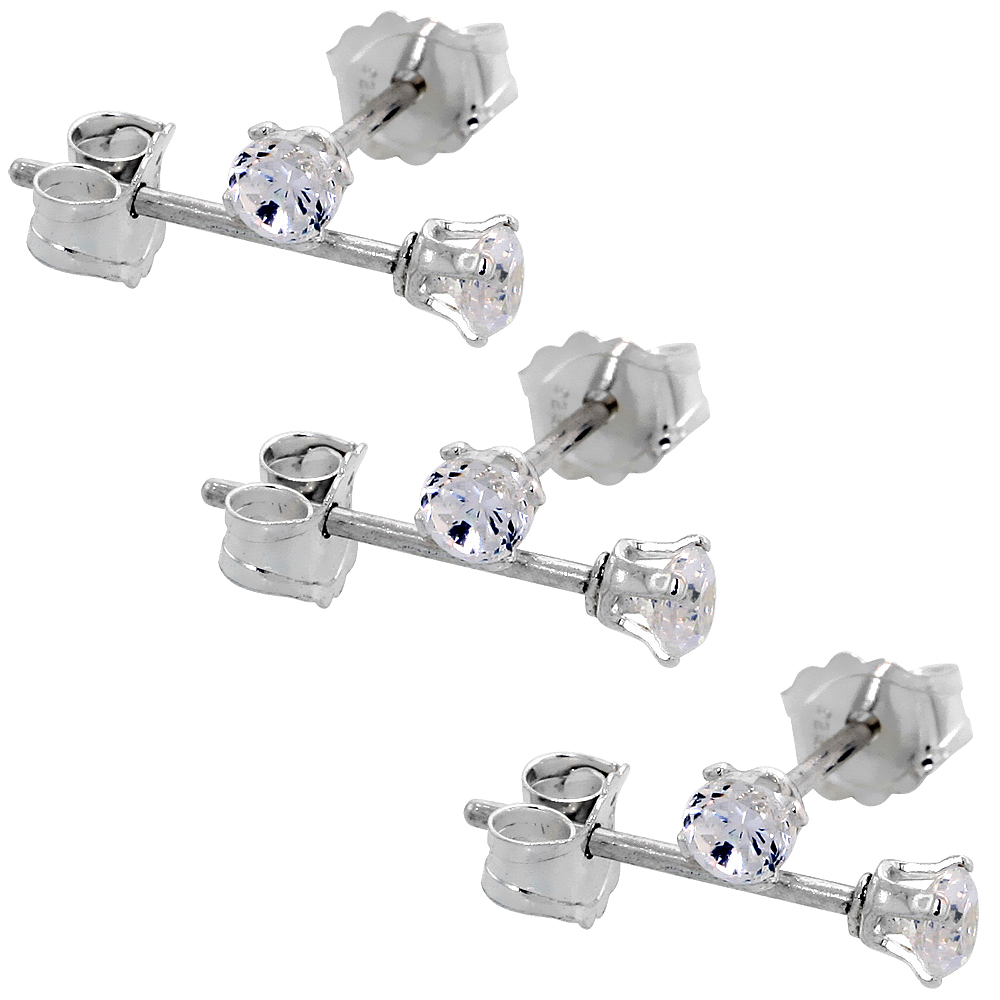 3 PAIR SET STERLING SILVER TINY CUBIC ZIRCONIA EARRINGS STUDS 2.5 MM 4 PRONG 1/10 CARAT/PAIR