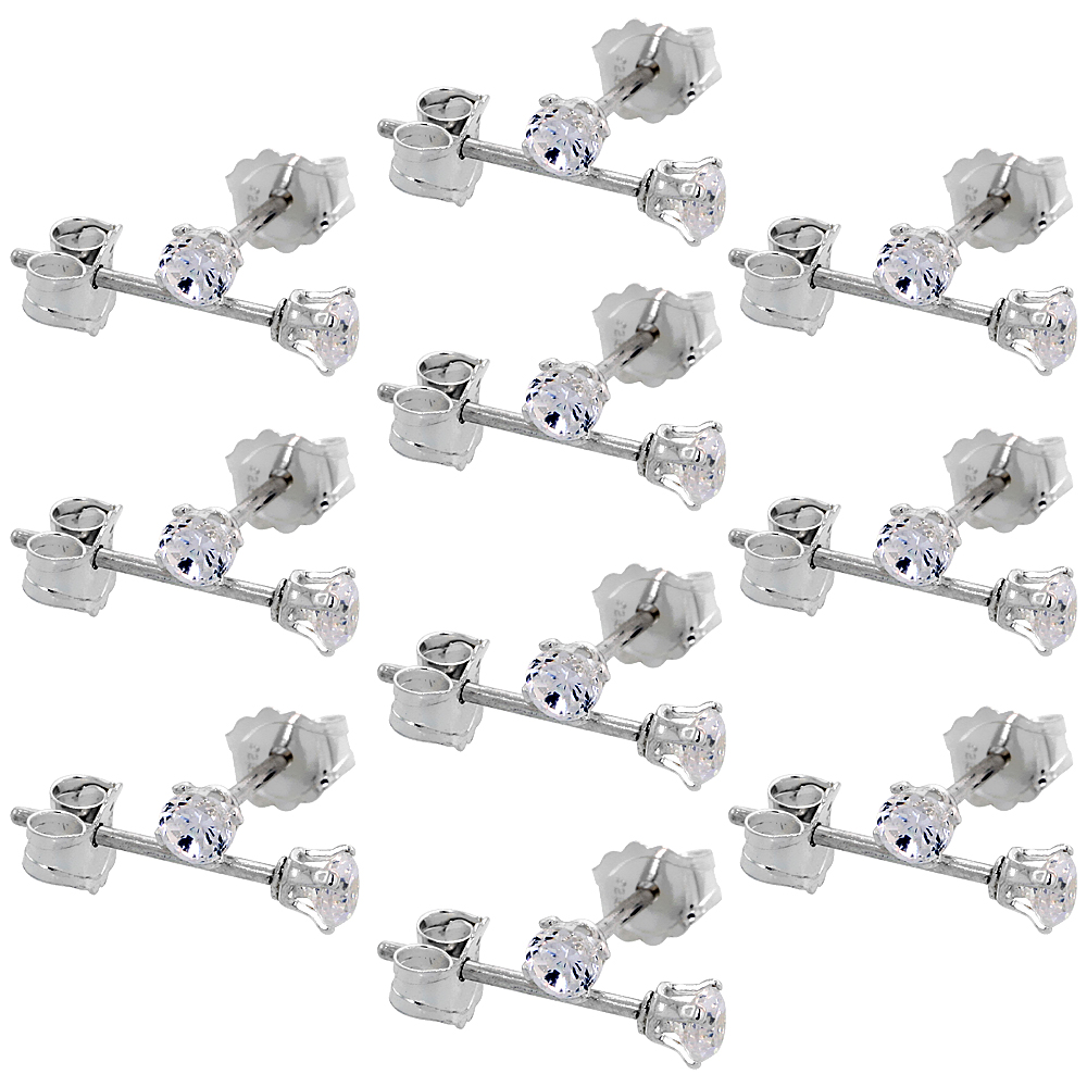 10 Pair Set Sterling Silver Tiny Cubic Zirconia Earrings Studs 2.5 mm 4 prong 1/10 carat/pair