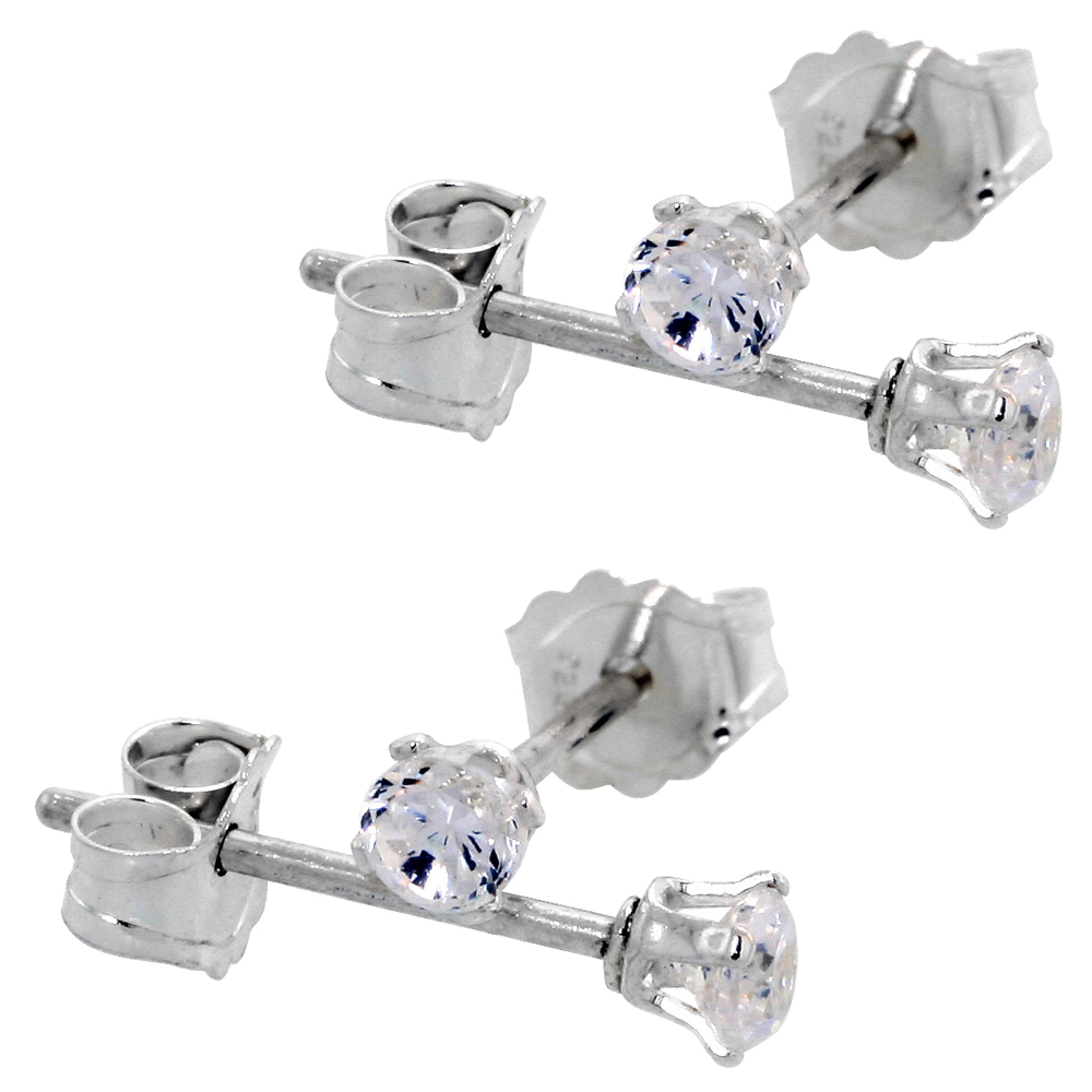 2-Pair Set Sterling Silver Tiny 2.5mm Cubic Zirconia Earrings Studs 4 prong 1/10 carat/pair