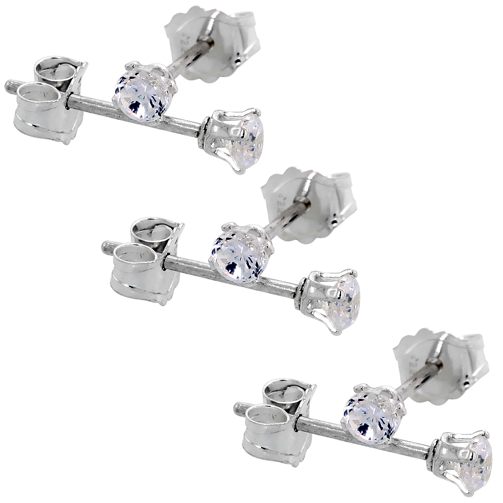 3 Pair Set Sterling Silver Tiny Cubic Zirconia Earrings Studs 2.5 mm 4 prong 1/10 carat/pair