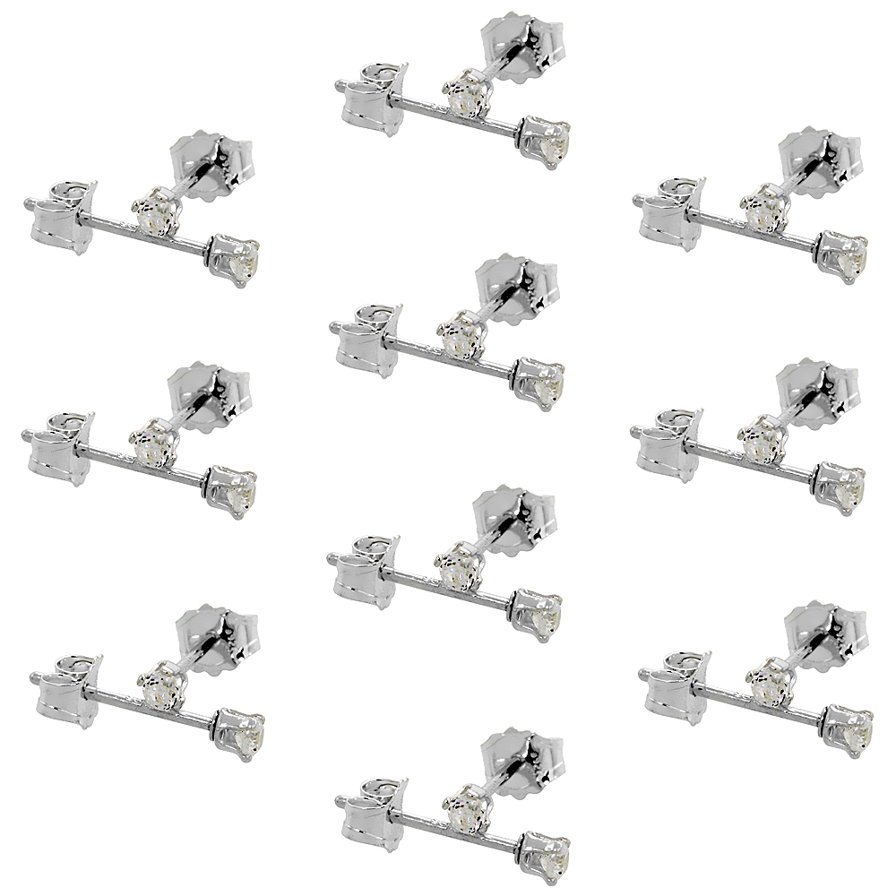 10 PAIR SET STERLING SILVER TINY CUBIC ZIRCONIA EARRINGS STUDS 2 MM 4 PRONG 0.06 CT/PR