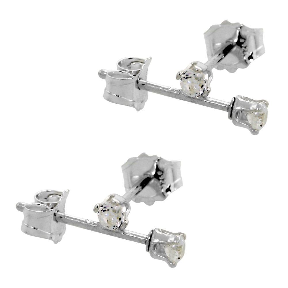 2-PAIR SET STERLING SILVER TINY 2MM CUBIC ZIRCONIA EARRINGS STUDS 4 PRONG 0.06 CARAT/PAIR
