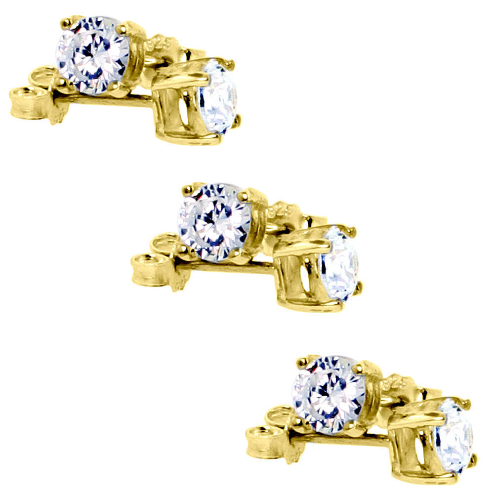3-PACK GOLD PLATED STERLING SILVER 5MM CUBIC ZIRCONIA STUD EARRINGS BASKET SETTING 1 CARAT/PR