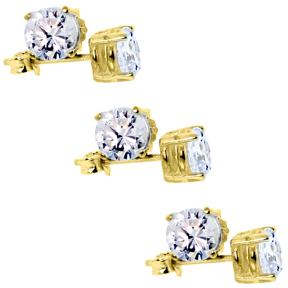 3-PACK GOLD PLATED STERLING SILVER 6MM CUBIC ZIRCONIA STUD EARRINGS BASKET SETTING 2 CARAT/PR