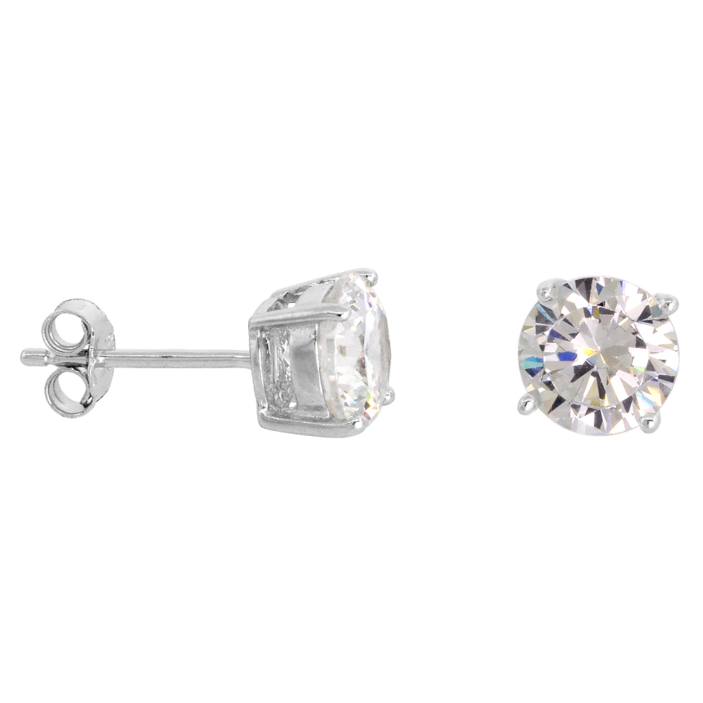 Sterling Silver 7mm CZ Stud Earrings Brilliant Cut White Coated Basket Setting Color Platinum 2 1/2 ct/pr