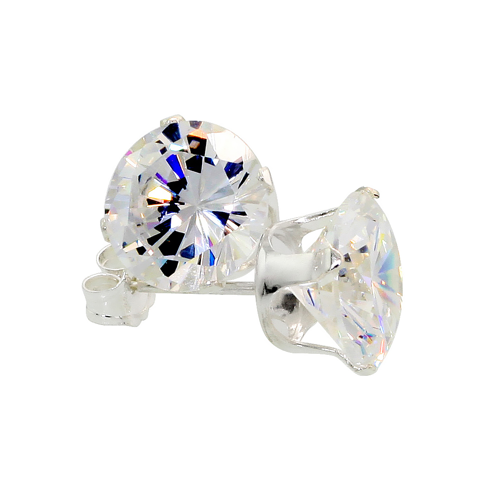 STERLING SILVER CUBIC ZIRCONIA EARRINGS STUDS 8 MM 4 PRONG 4 CARAT/PAIR