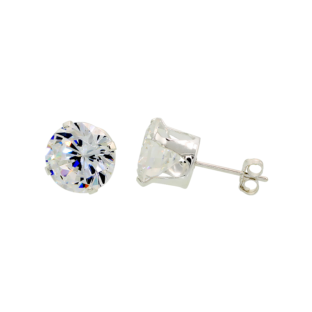 STERLING SILVER CUBIC ZIRCONIA EARRINGS STUDS 9 MM 4 PRONG 5.5 CARATS/PAIR