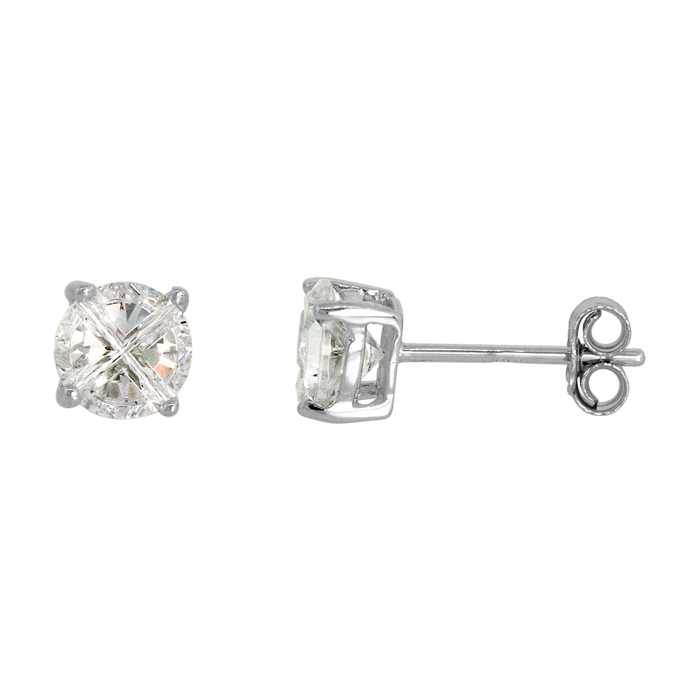 Sterling Silver Cubic Zirconia Invisible Cut Round Earrings Studs 6 mm Basket Set 2 carats/pair