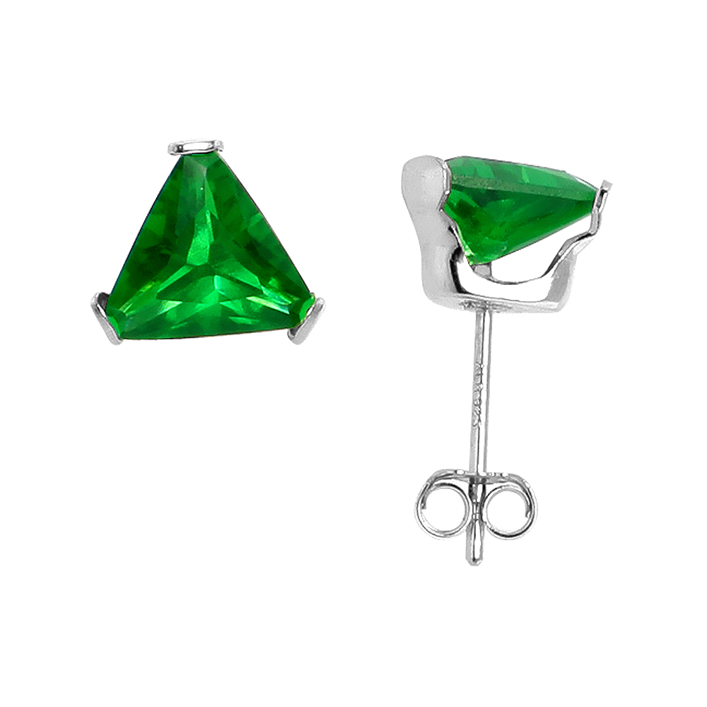 STERLING SILVER CUBIC ZIRCONIA TRIANGLE EMERALD EARRINGS STUDS 7 MM GREEN COLOR 2 1/4 CARAT/PAIR