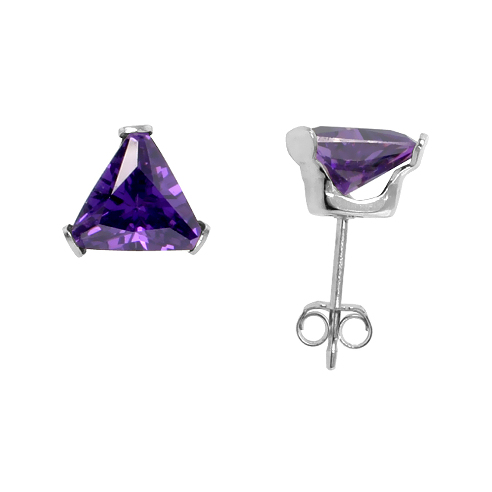 STERLING SILVER CUBIC ZIRCONIA TRIANGLE AMETHYST EARRINGS STUDS 7 MM PURPLE COLOR 2 1/4 CARAT/PAIR