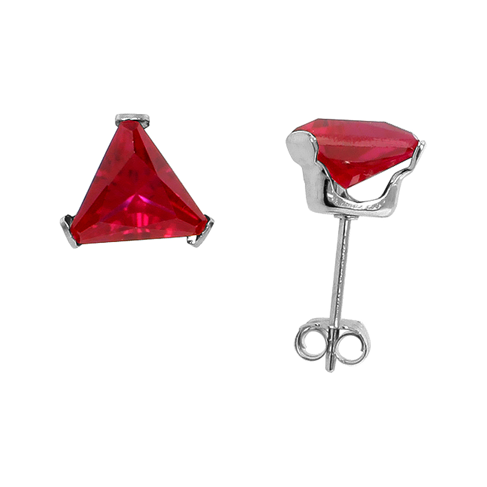 STERLING SILVER CUBIC ZIRCONIA TRIANGLE RUBY EARRINGS STUDS 7 MM RED COLOR 2 1/4 CARAT/PAIR