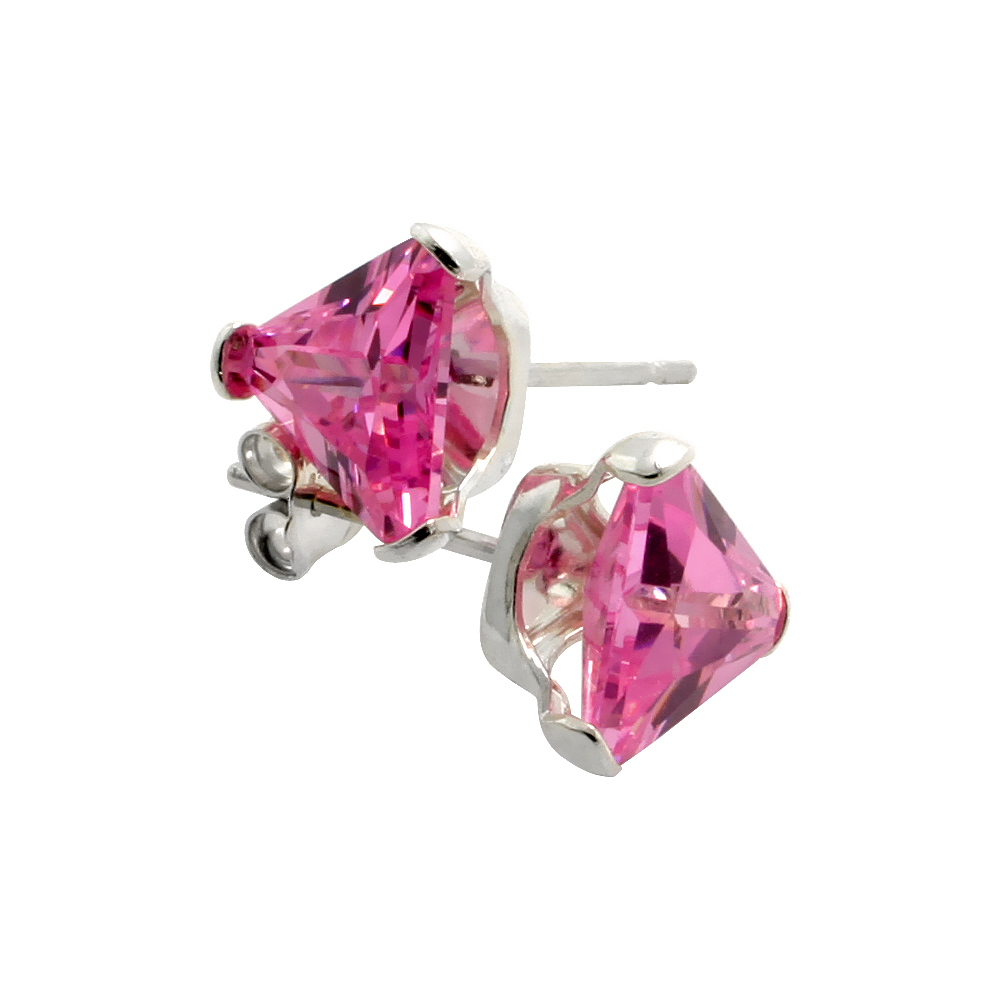 STERLING SILVER CUBIC ZIRCONIA PINK TRIANGLE EARRINGS STUDS 7 MM PINK 2 1/4 CARAT/PAIR