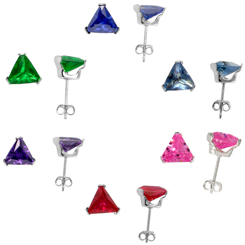 6 Color Set Sterling Silver Cubic Zirconia Triangle Earrings Studs 7 mm Emerald Blue Sapphire Blue Topaz Amethyst Ruby & Pink