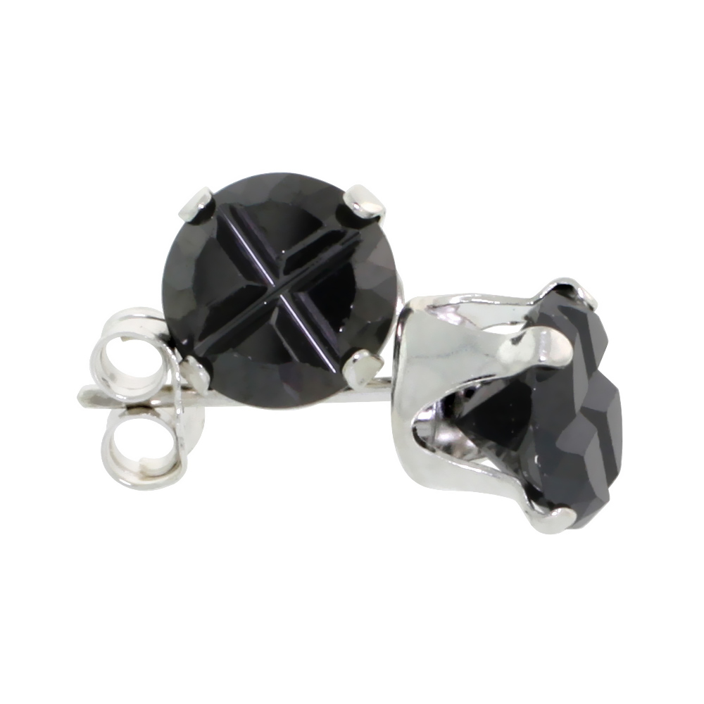 STERLING SILVER CUBIC ZIRCONIA BLACK EARRINGS STUDS INVISIBLE CUT 2 CARAT/PAIR