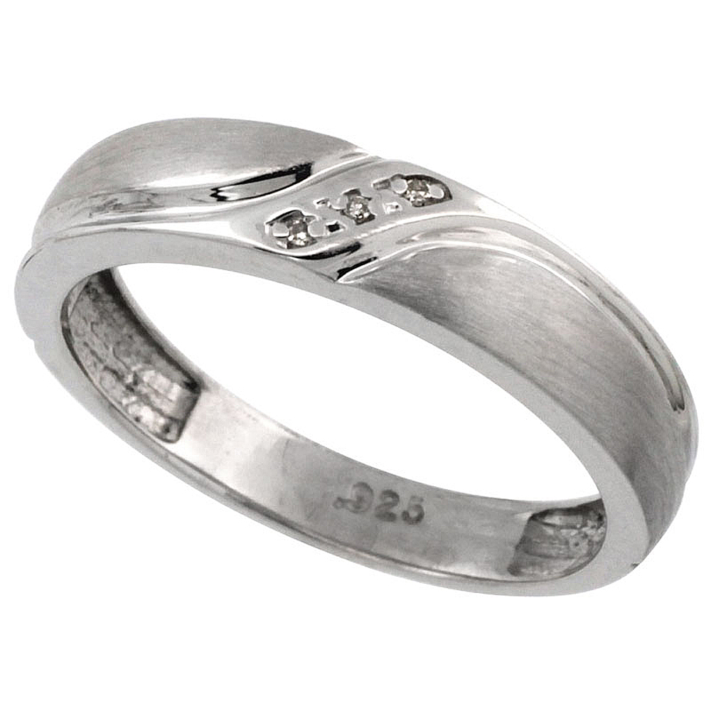 Sterling Silver Men&#039;s Diamond Wedding Ring Band, w/ 0.019 Carat Brilliant Cut Diamonds, 3/16 in. (5mm) wide