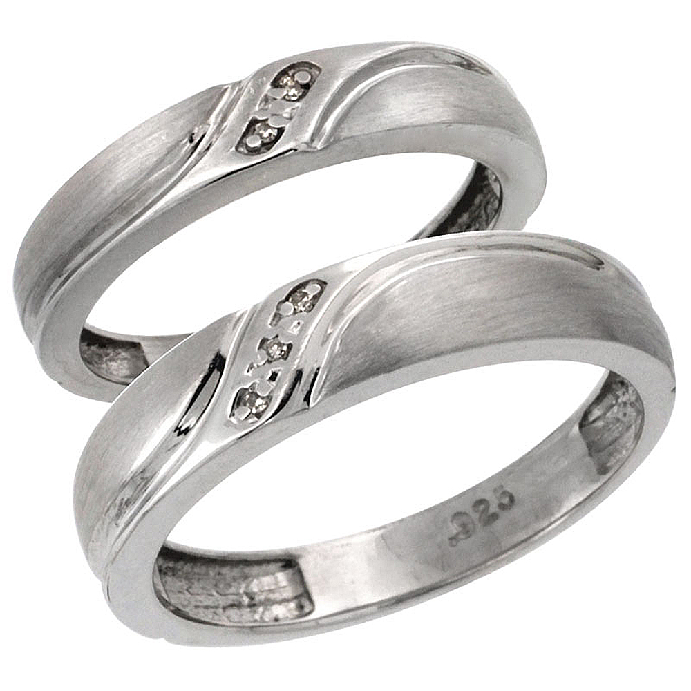 Sterling Silver 2-Pc His (5mm) &amp; Hers (4mm) Diamond Wedding Ring Band Set w/ 0.032 Carat Brilliant Cut Diamonds (Ladies&#039; Sizes 5