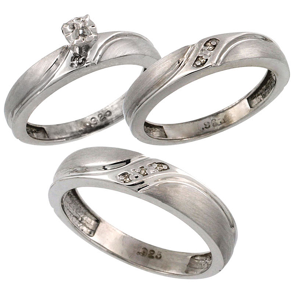 Sterling Silver 3-Pc. Trio His (5mm) &amp; Hers (4mm) Diamond Wedding Ring Band Set, w/ 0.062 Carat Brilliant Cut Diamonds (Ladies&#039; 
