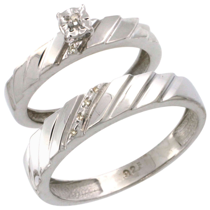 Sterling Silver 2-Pc Diamond Ring Set (4mm Engagement Ring &amp; 5mm Man&#039;s Wedding Band), w/ 0.056 Carat Brilliant Cut Diamonds