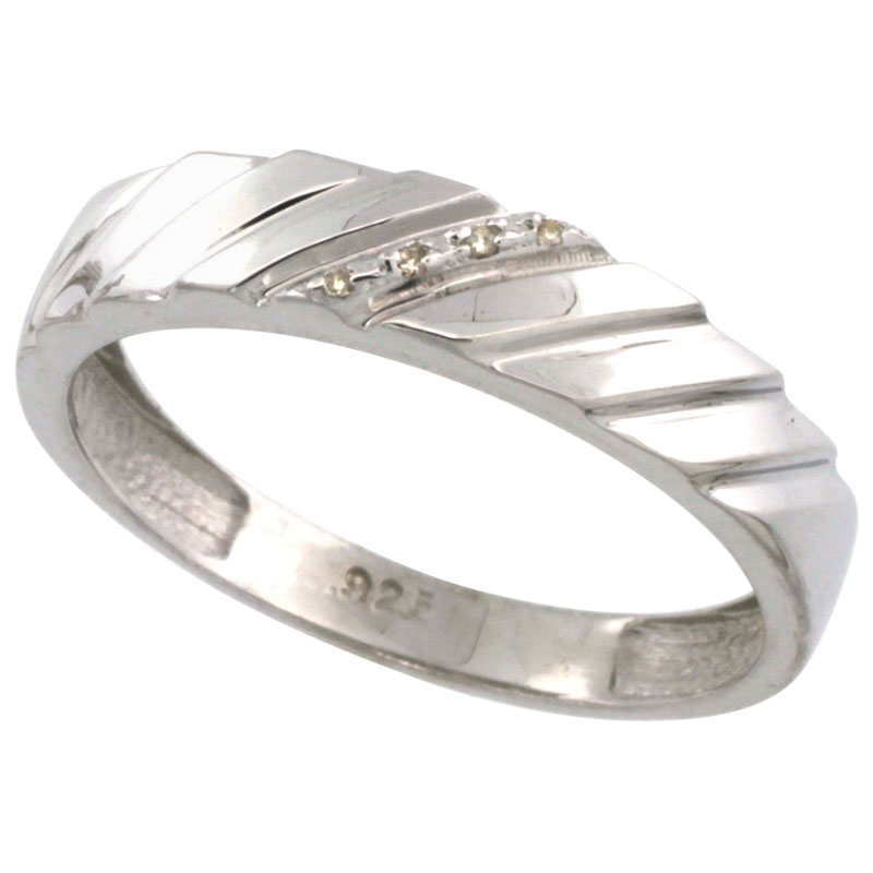 Sterling Silver Men&#039;s Diamond Wedding Ring Band, w/ 0.026 Carat Brilliant Cut Diamonds, 3/16 in. (5mm) wide