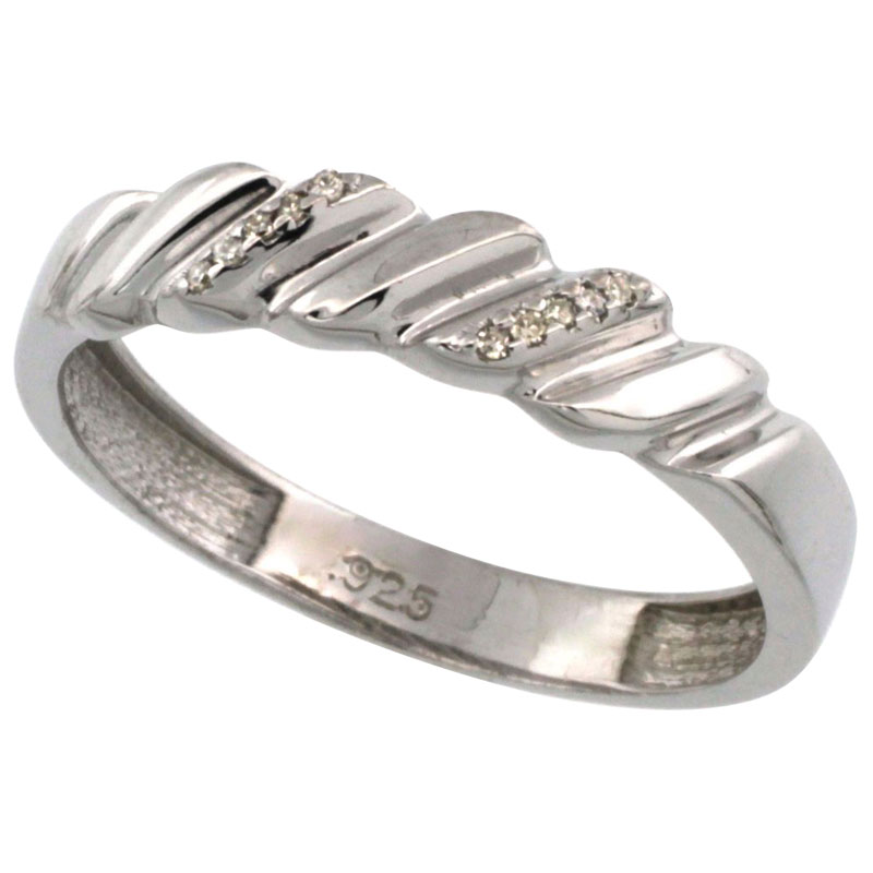 Sterling Silver Men&#039;s Diamond Wedding Ring Band, w/ 0.063 Carat Brilliant Cut Diamonds, 3/16 in. (5mm) wide
