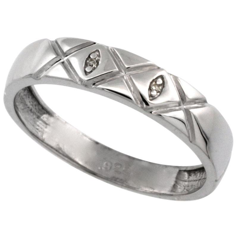 Sterling Silver Men&#039;s Diamond Wedding Ring Band, w/ 0.013 Carat Brilliant Cut Diamonds, 3/16 in. (5mm) wide