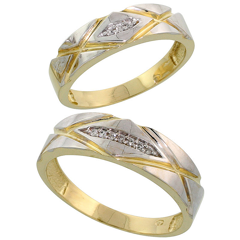 Gold Plated Sterling Silver Diamond 2 Piece Wedding Ring Set His 6mm &amp; Hers 5mm, Mens Size 8 to 14
