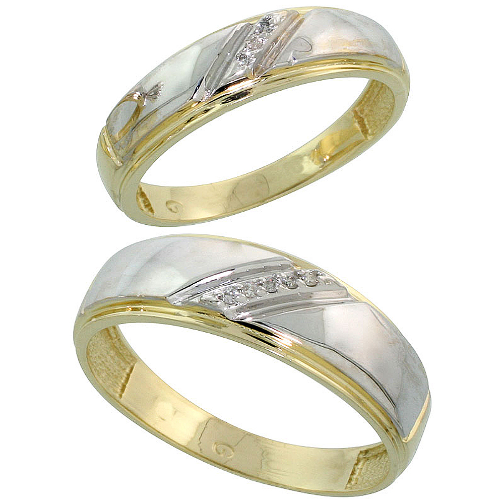 Gold Plated Sterling Silver Diamond 2 Piece Wedding Ring Set His 7mm &amp; Hers 5.5mm, Mens Size 8 to 14