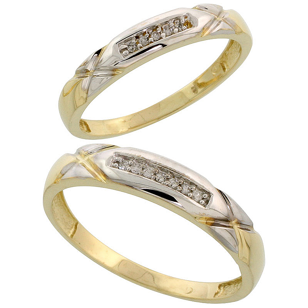 Gold Plated Sterling Silver Diamond 2 Piece Wedding Ring Set His 4mm & Hers 3.5mm, Mens Size 8 to 14