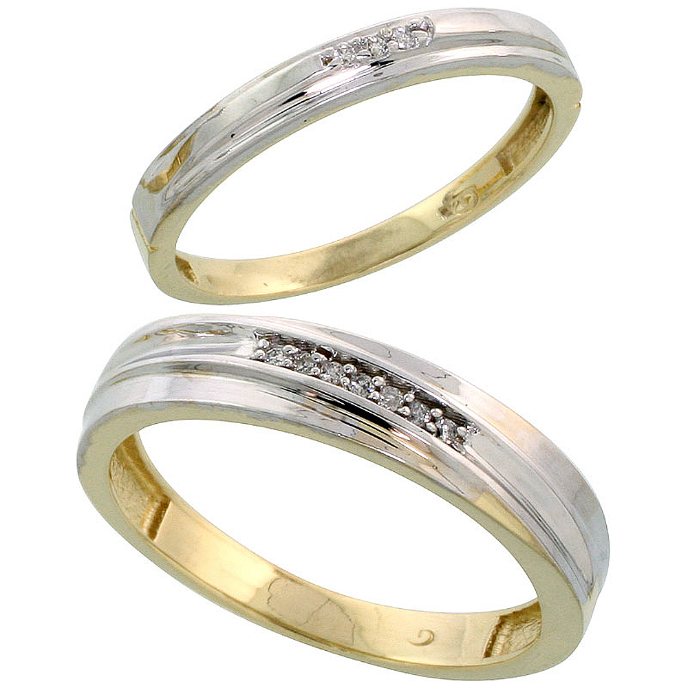 Gold Plated Sterling Silver Diamond 2 Piece Wedding Ring Set His 5mm & Hers 3mm, Mens Size 8 to 14