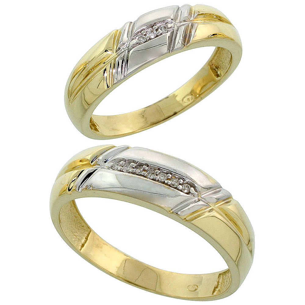 Gold Plated Sterling Silver Diamond 2 Piece Wedding Ring Set His 6mm &amp; Hers 5.5mm, Mens Size 8 to 14
