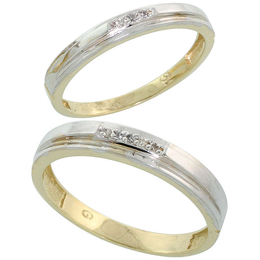 Gold Plated Sterling Silver Diamond 2 Piece Wedding Ring Set His 4mm & Hers 3mm, Mens Size 8 to 14