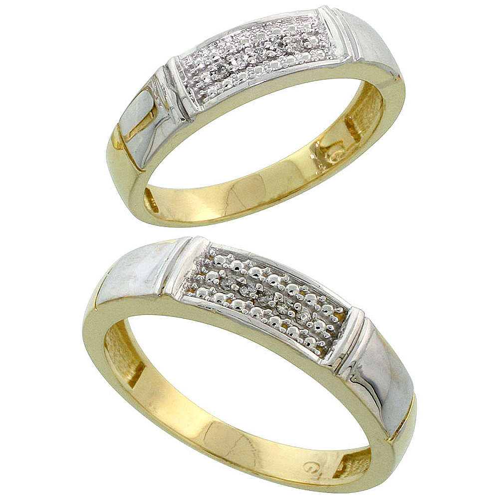 Gold Plated Sterling Silver Diamond 2 Piece Wedding Ring Set His 5mm &amp; Hers 4.5mm, Mens Size 8 to 14