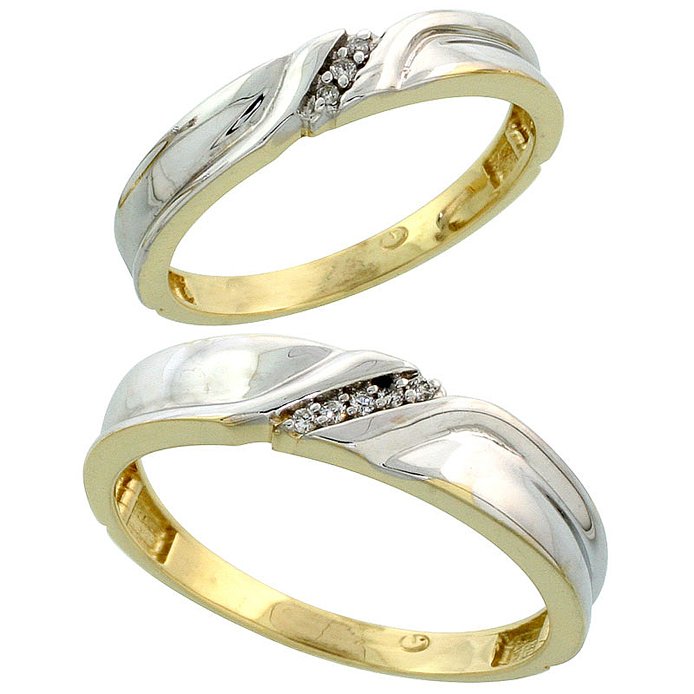 Gold Plated Sterling Silver Diamond 2 Piece Wedding Ring Set His 5mm &amp; Hers 3.5mm, Mens Size 8 to 14