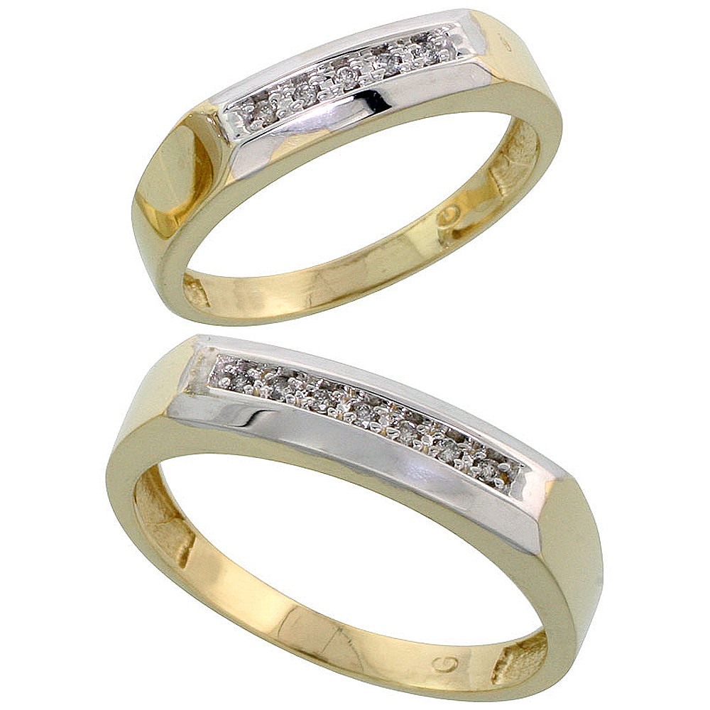Gold Plated Sterling Silver Diamond 2 Piece Wedding Ring Set His 5mm & Hers 4.5mm, Mens Size 8 to 14