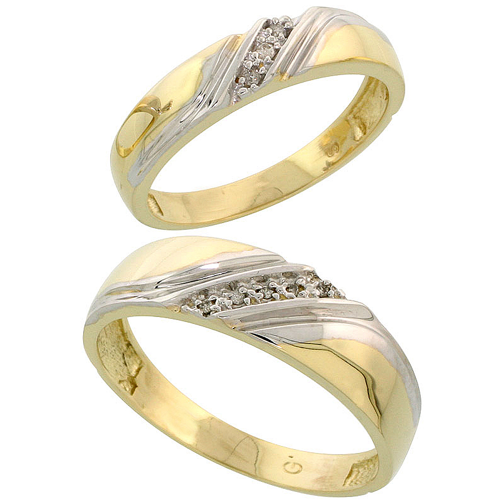 Gold Plated Sterling Silver Diamond 2 Piece Wedding Ring Set His 6mm & Hers 4.5mm, Mens Size 8 to 14