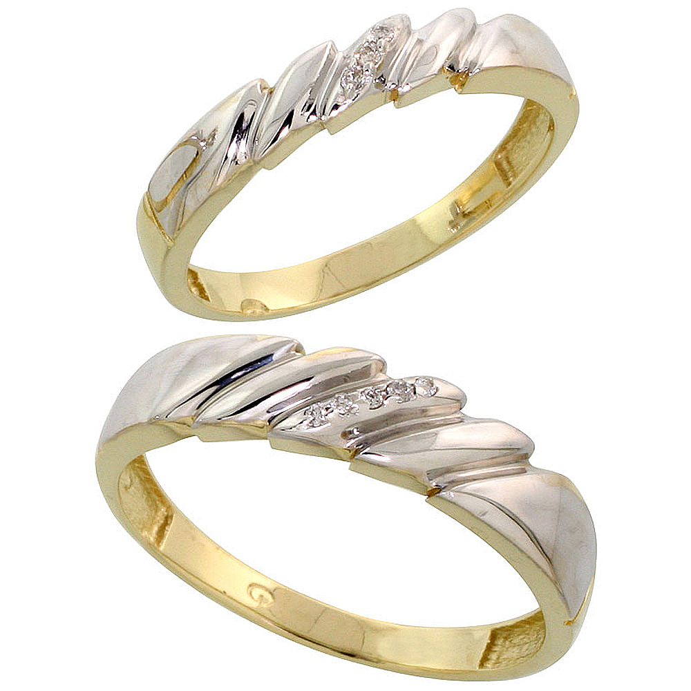 Gold Plated Sterling Silver Diamond 2 Piece Wedding Ring Set His 5mm & Hers 4mm, Mens Size 8 to 14