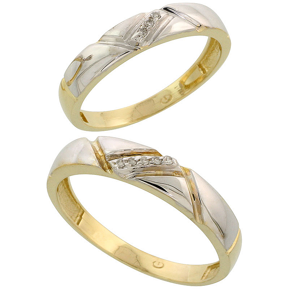 Gold Plated Sterling Silver Diamond 2 Piece Wedding Ring Set His 4.5mm &amp; Hers 4mm, Mens Size 8 to 14