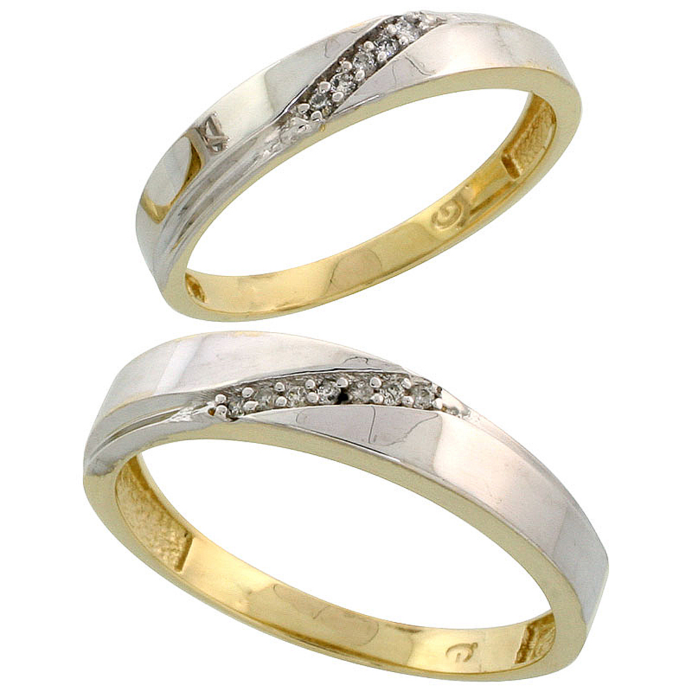Gold Plated Sterling Silver Diamond 2 Piece Wedding Ring Set His 4.5mm & Hers 3.5mm, Mens Size 8 to 14