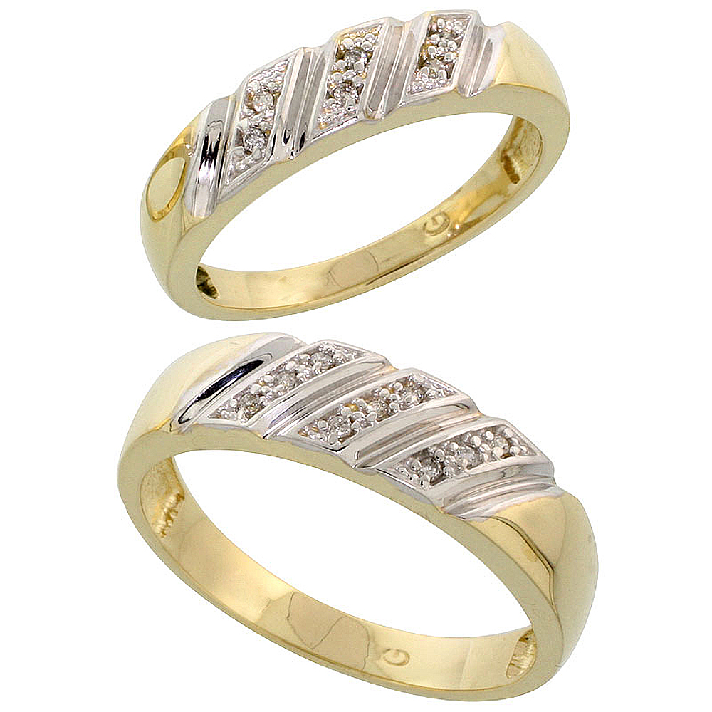 Gold Plated Sterling Silver Diamond 2 Piece Wedding Ring Set His 6mm & Hers 5mm, Mens Size 8 to 14