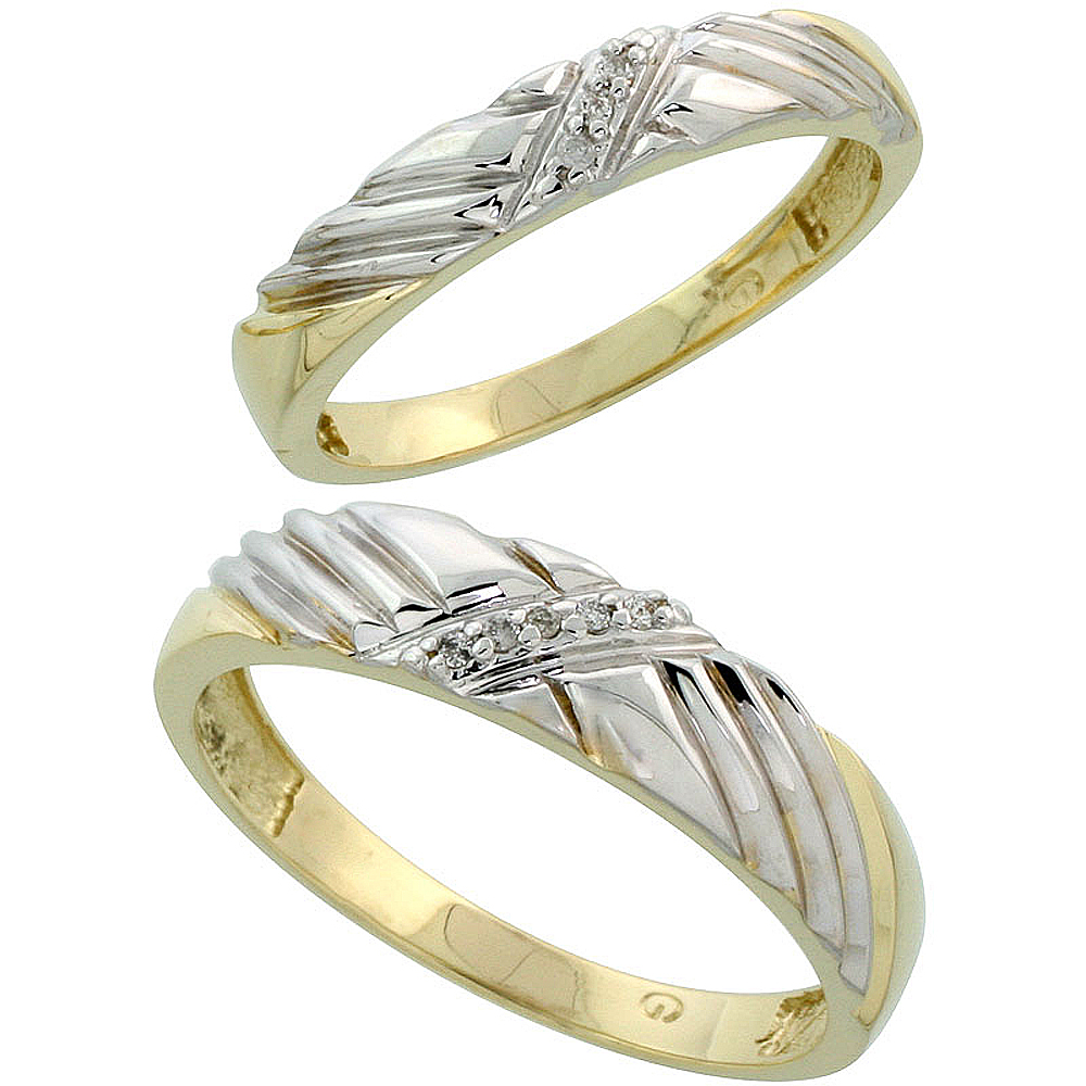 Gold Plated Sterling Silver Diamond 2 Piece Wedding Ring Set His 5mm &amp; Hers 3.5mm, Mens Size 8 to 14