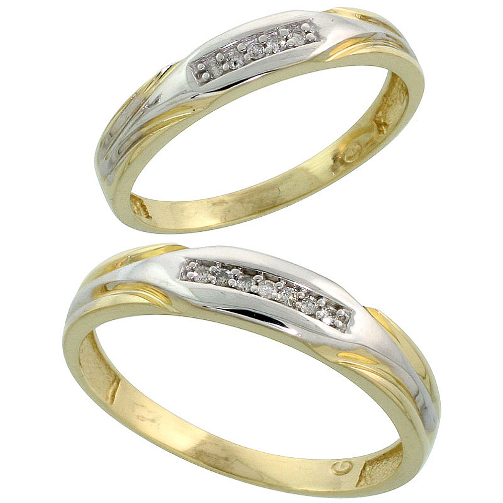Gold Plated Sterling Silver Diamond 2 Piece Wedding Ring Set His 5mm & Hers 3.5mm, Mens Size 8 to 14