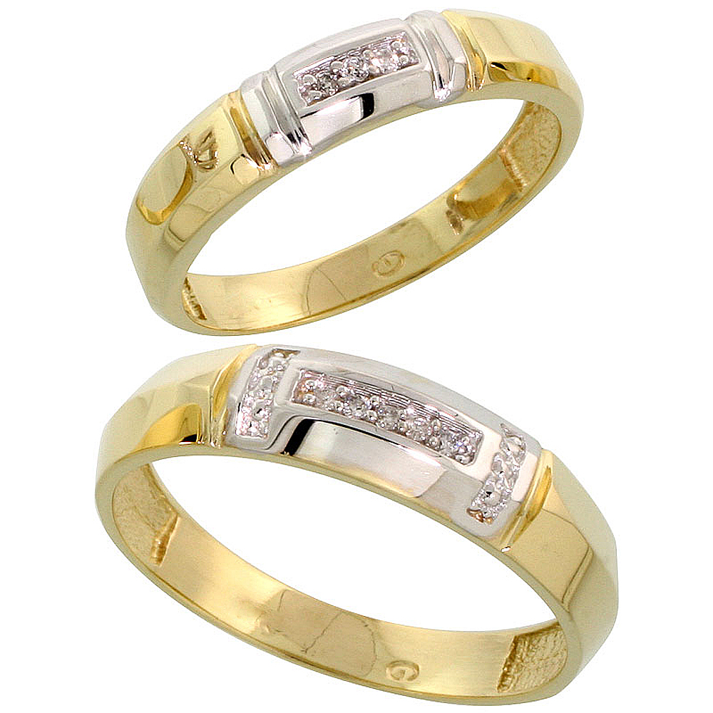 Gold Plated Sterling Silver Diamond 2 Piece Wedding Ring Set His 5.5mm & Hers 4mm, Mens Size 8 to 14