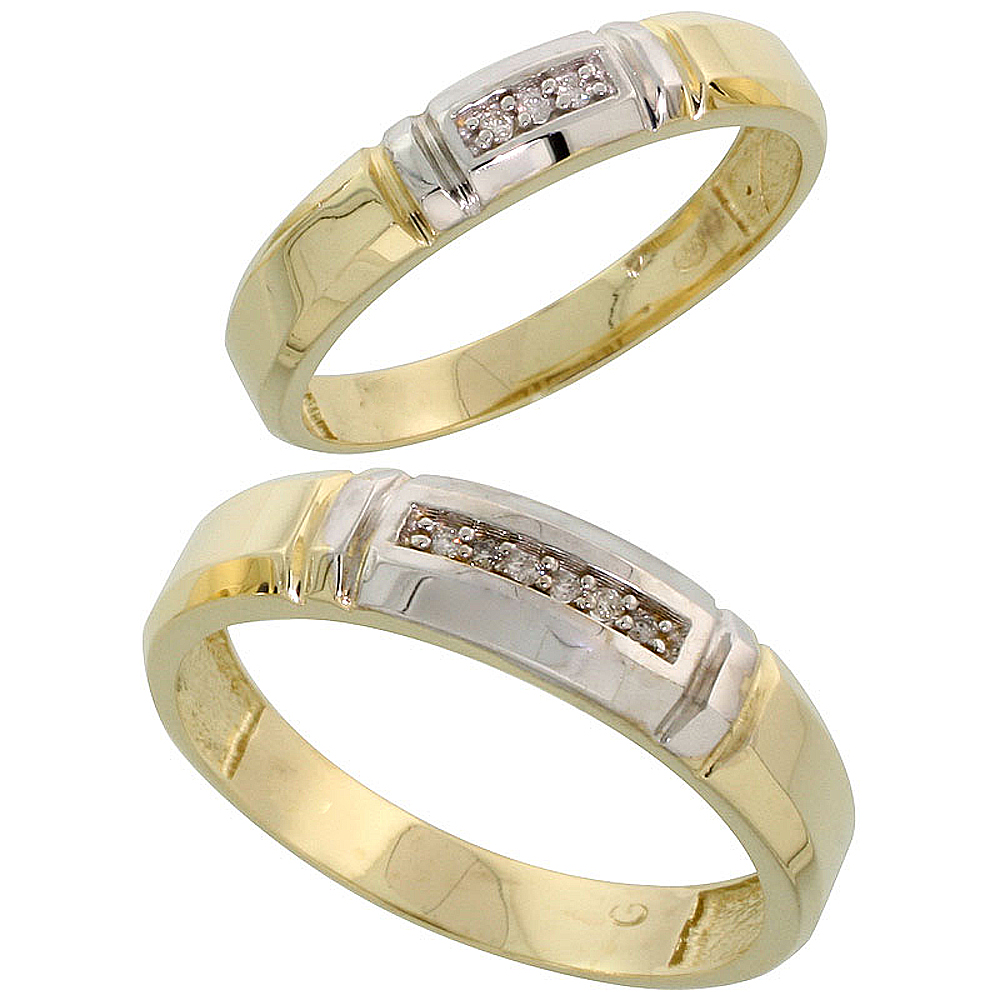 Gold Plated Sterling Silver Diamond 2 Piece Wedding Ring Set His 5.5mm &amp; Hers 4mm, Mens Size 8 to 14