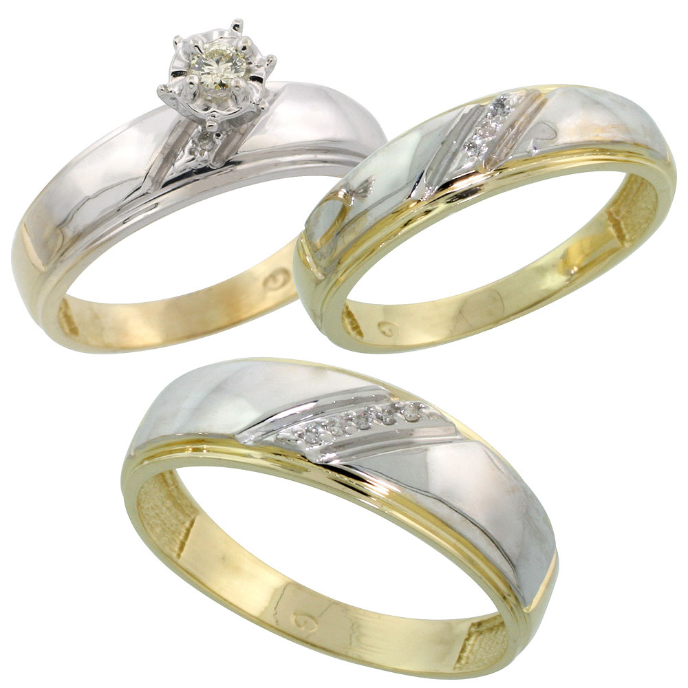 Gold Plated Sterling Silver Diamond Trio Wedding Ring Set His 7mm &amp; Hers 5.5mm, Mens Size 8 to 14